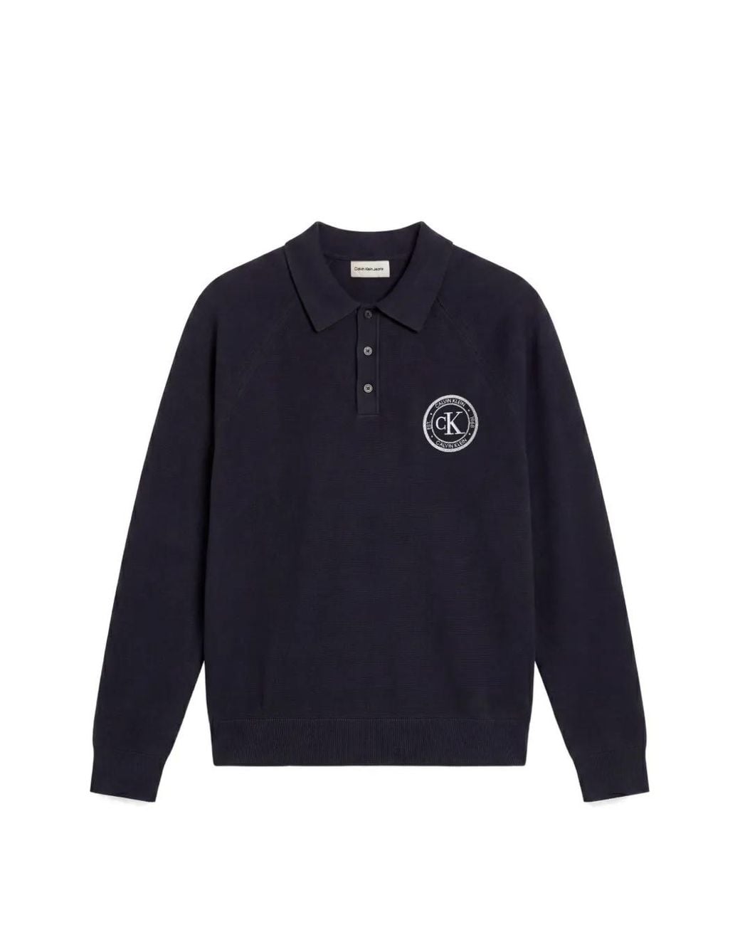 Calvin Klein Blue Varsity Logo-Patch Polo Sweater for men
