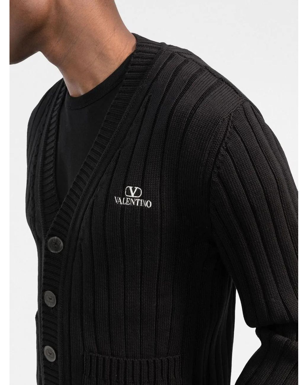 Valentino Garavani Black Ribbed-Knit V-Neck Cardigan for men