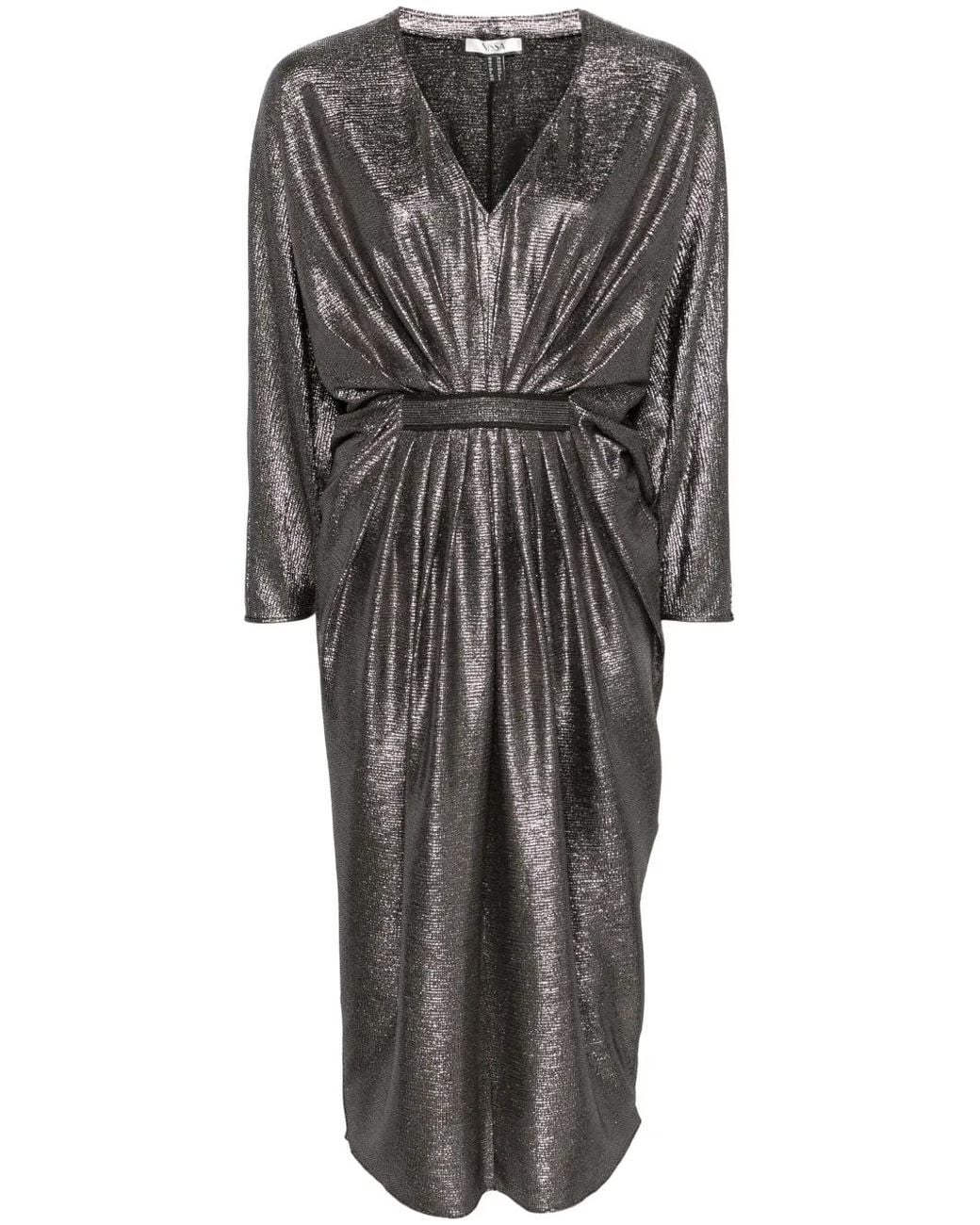 Nissa Black Shimmer Pleated Midi Dress