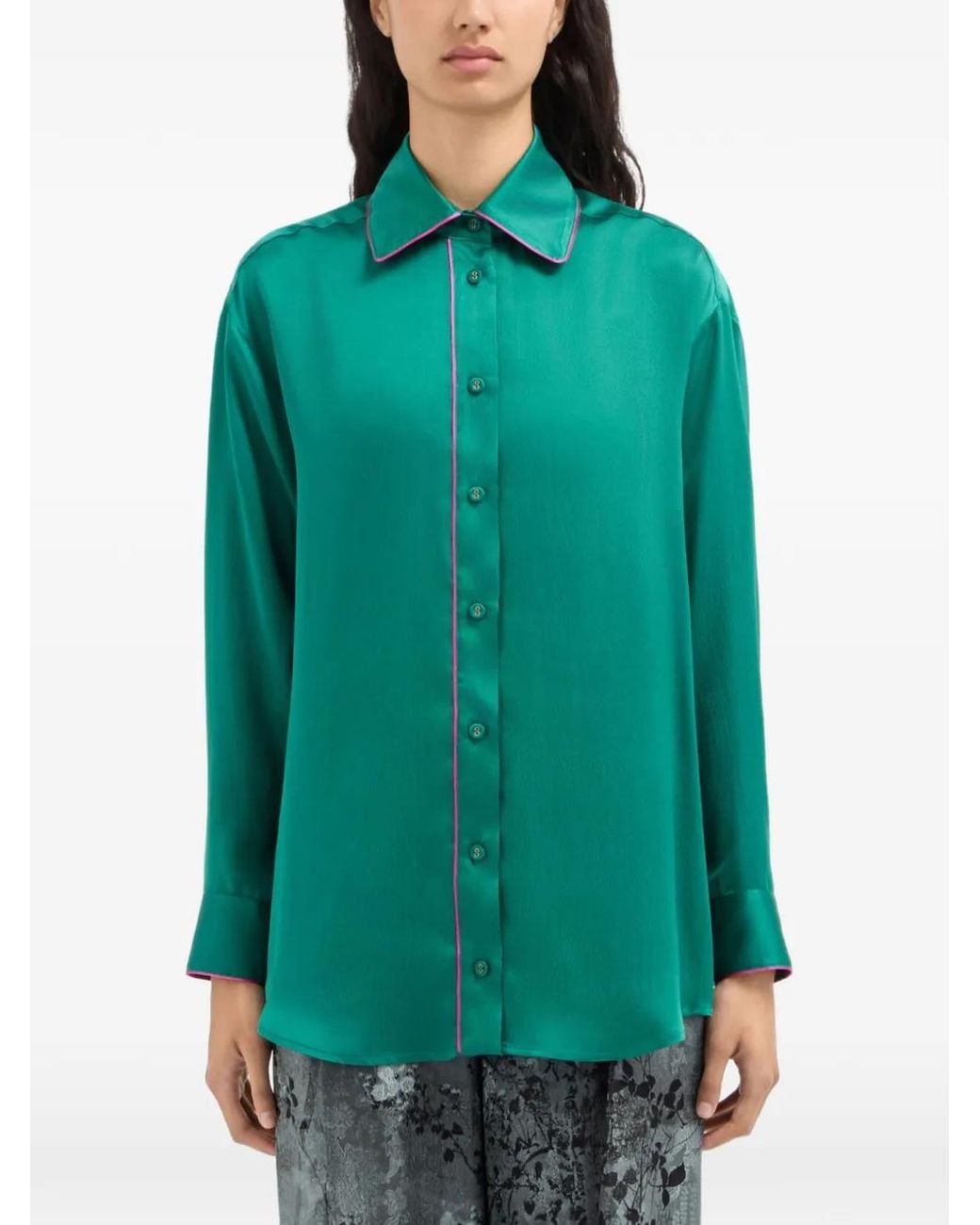 Pierre Louis Mascia Green Chemise Mutka En Soie À Liserés Contrastants