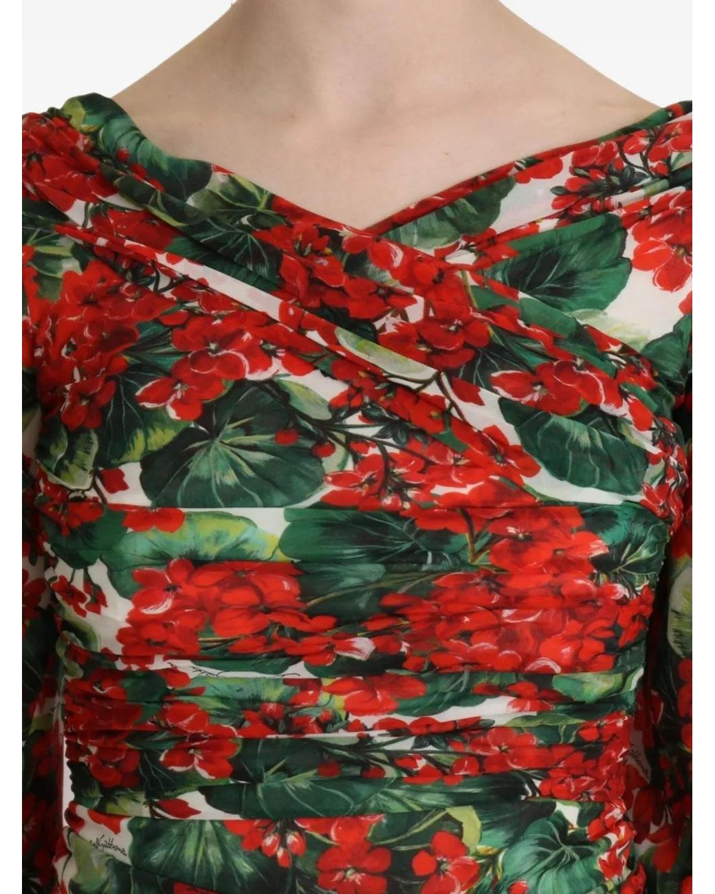 Dolce & Gabbana Red Floral-Print Ruched Dress