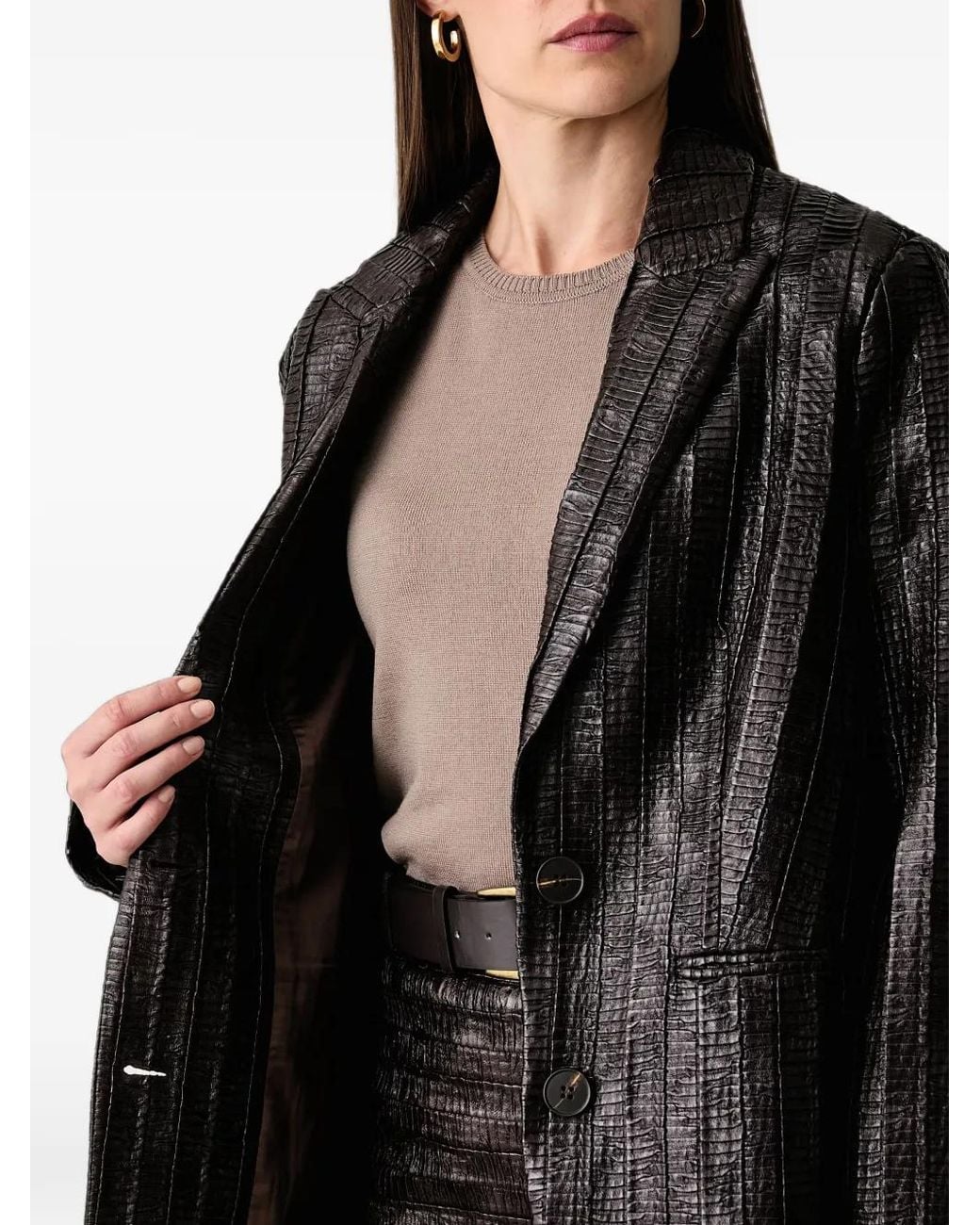 Silvian Heach Black Crinkled-Finish Notched-Lapel Blazer