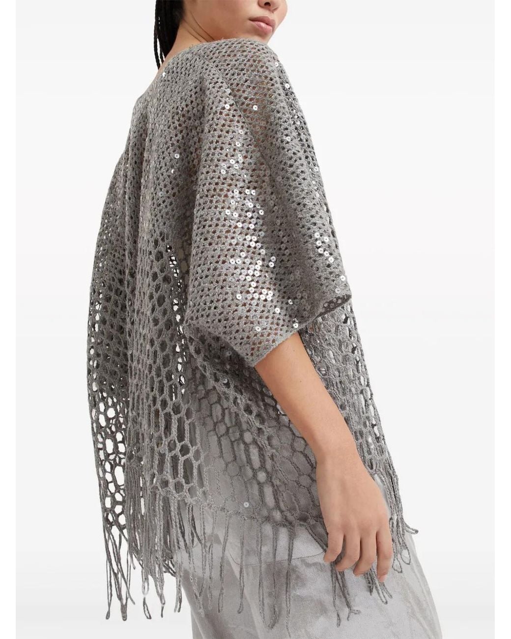 Brunello Cucinelli Gray Sequin-Embellished Open-Knit Sweater