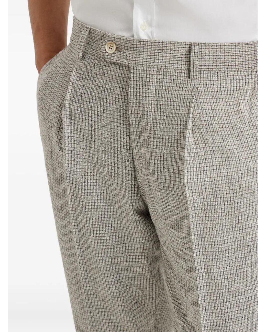 Brunello Cucinelli Gray Pleated-Front Check-Pattern Trousers for men