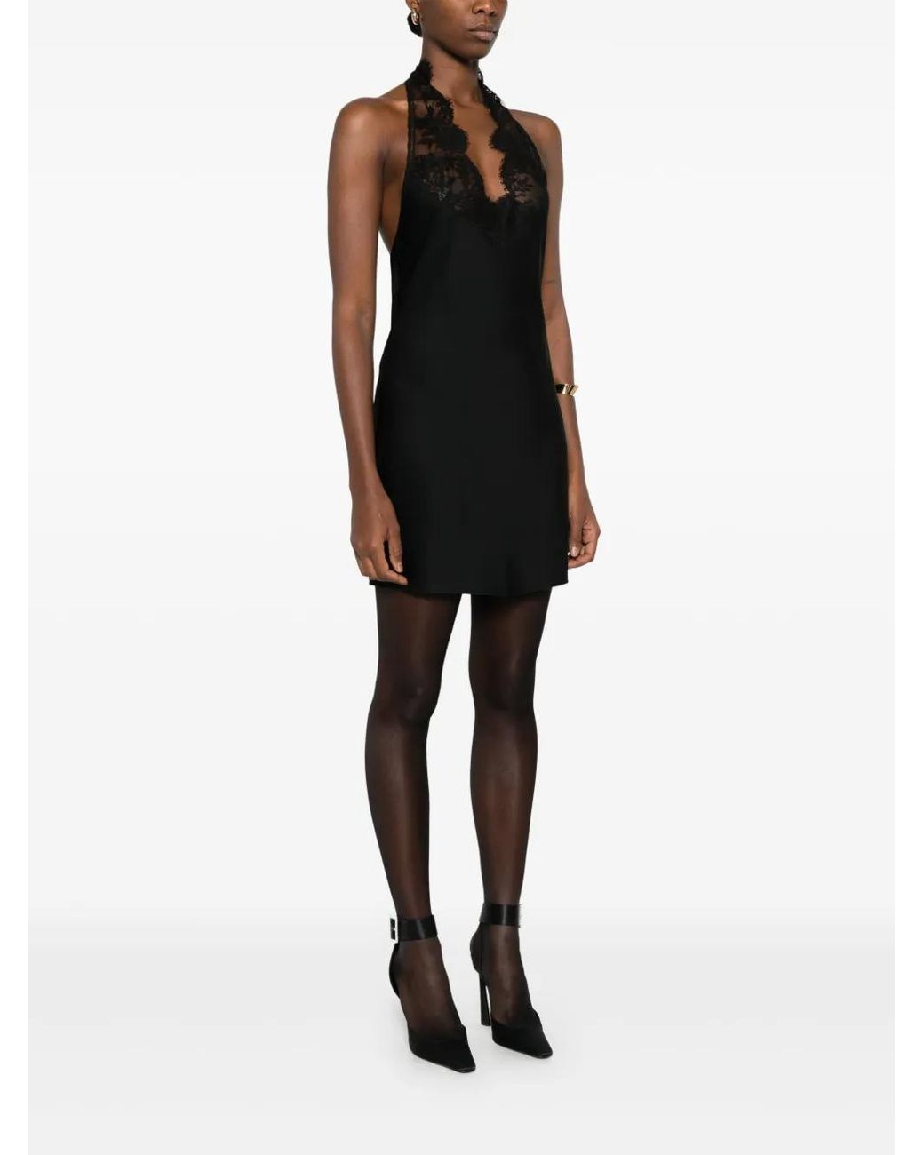 Saint Laurent Lace-Detail Mini Dress in Black | Lyst