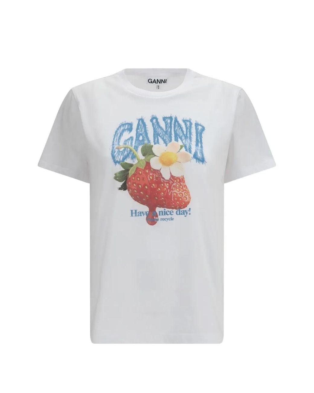 Ganni White T-Shirt En Coton À Imprimé Fraise