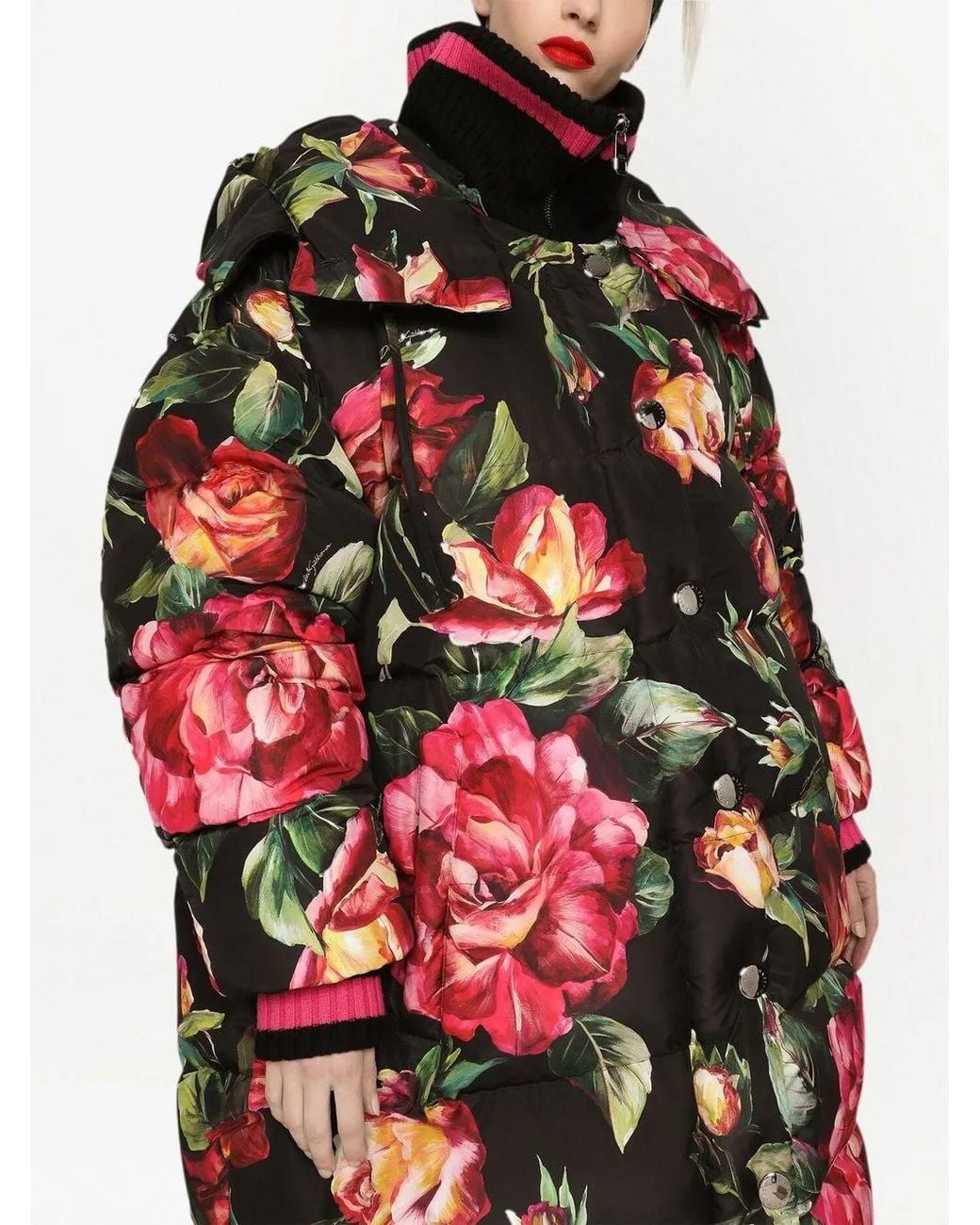 Dolce & Gabbana Red Long Nylon Down Jacket With Rose Print