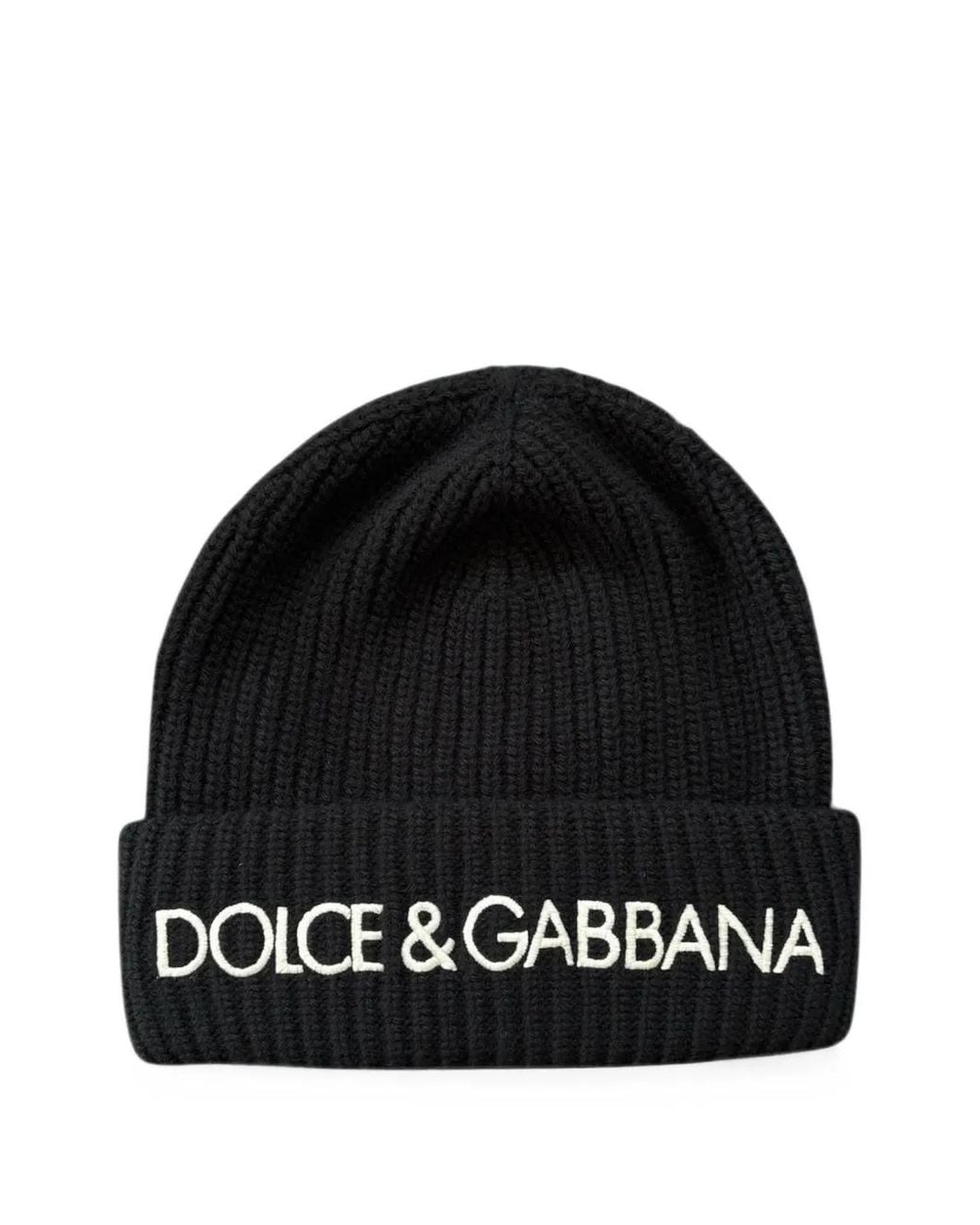Dolce & Gabbana Black Logo-Embroidered Ribbed Beanie Hat for men