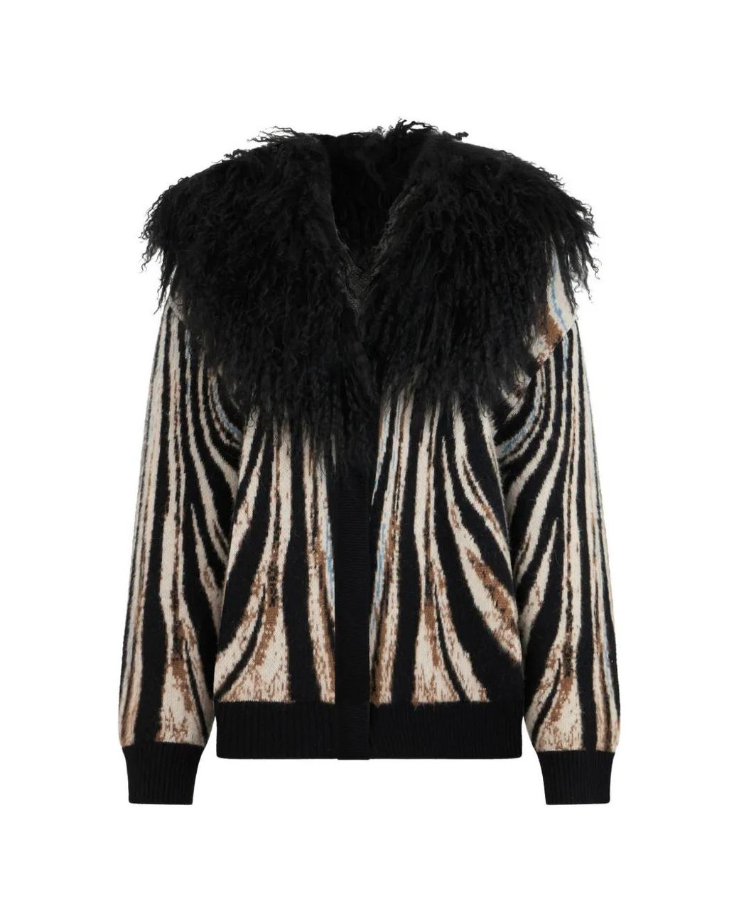 Roberto Cavalli Black Zebra-Print Shearling-Collar Cardigan