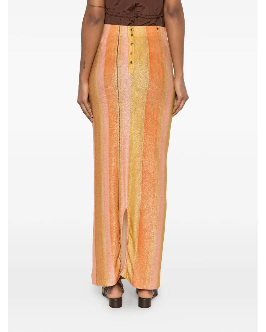 Agua de Coco Orange Striped Metallic-Effect Maxi Skirt