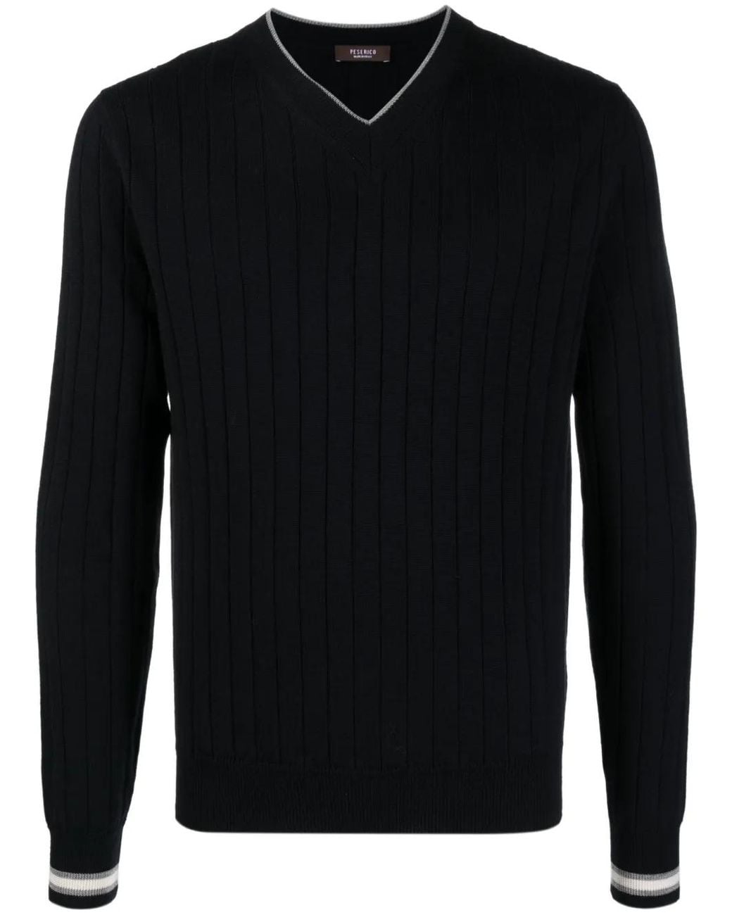 Peserico Black V-Neck Ribbed-Knit Virgin-Wool Jumper for men
