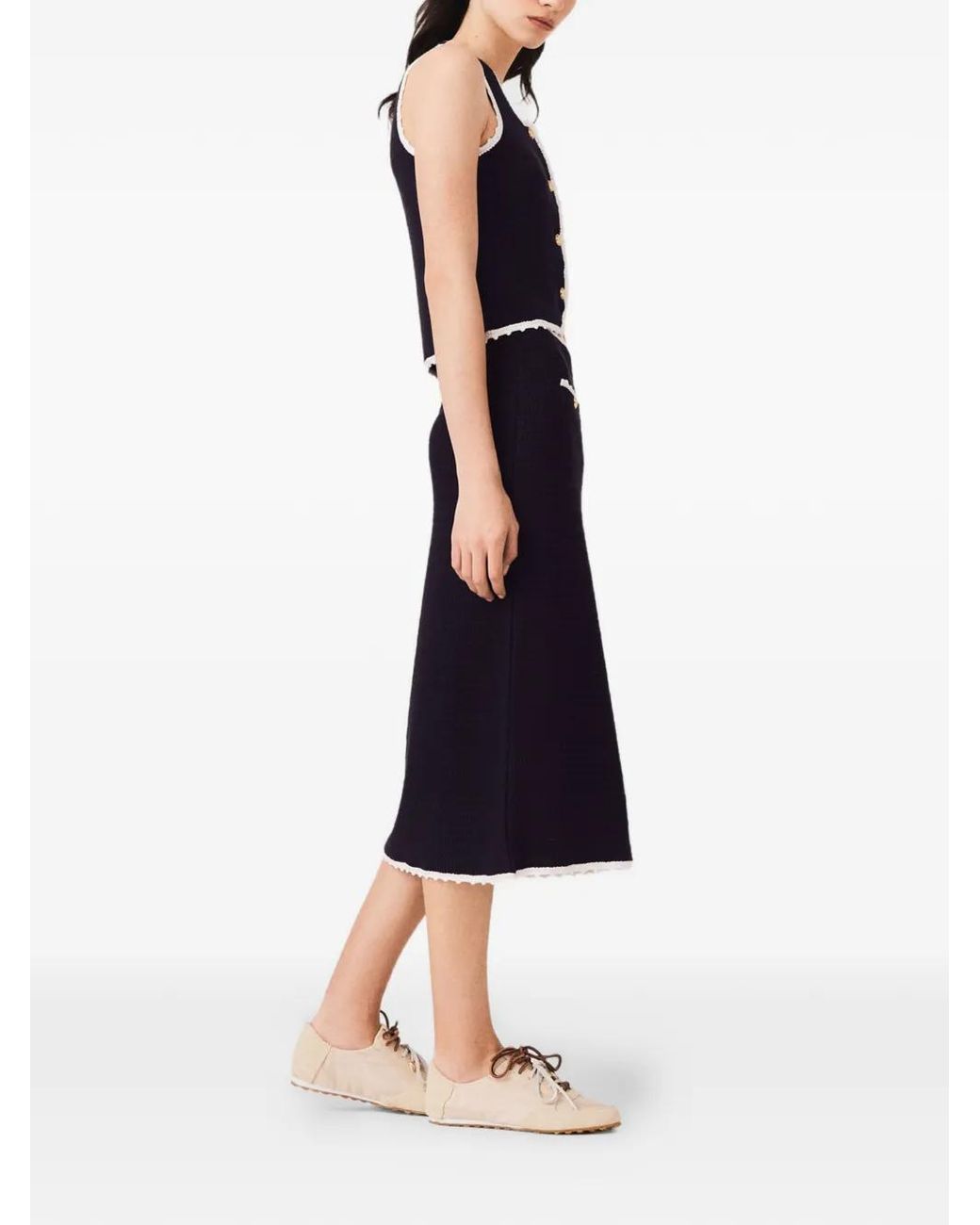 Maje Blue Crochet-Knit Midi Skirt