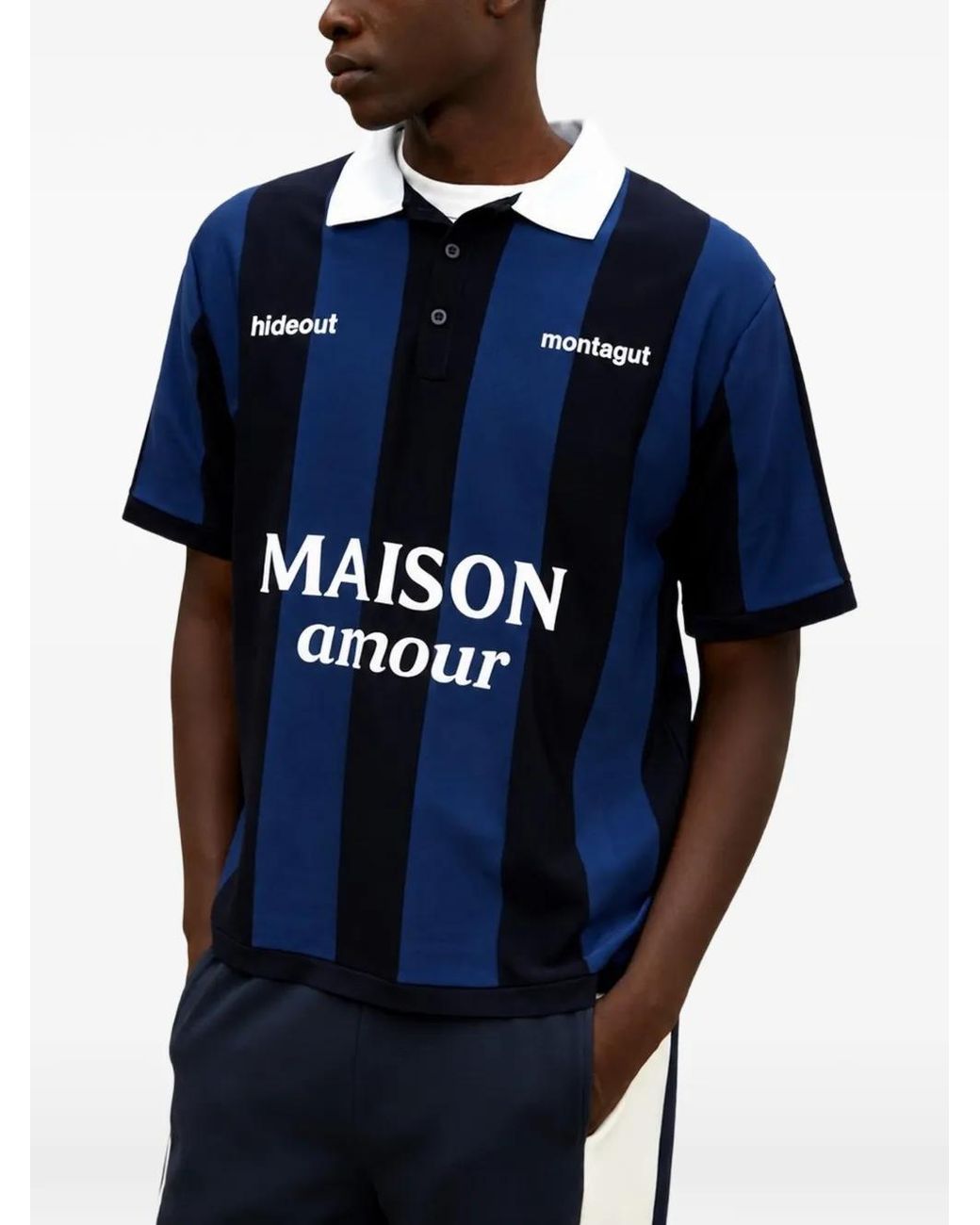 Maison hideout Blue Striped Slogan-Print Polo Shirt for men