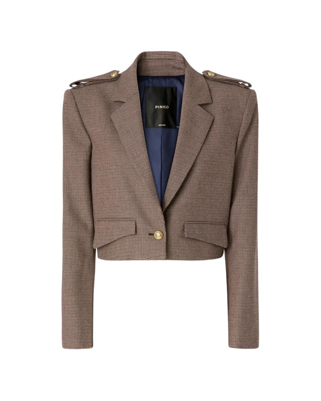 Pinko Brown Cropped Jacket With Micro Houndstooth Motif