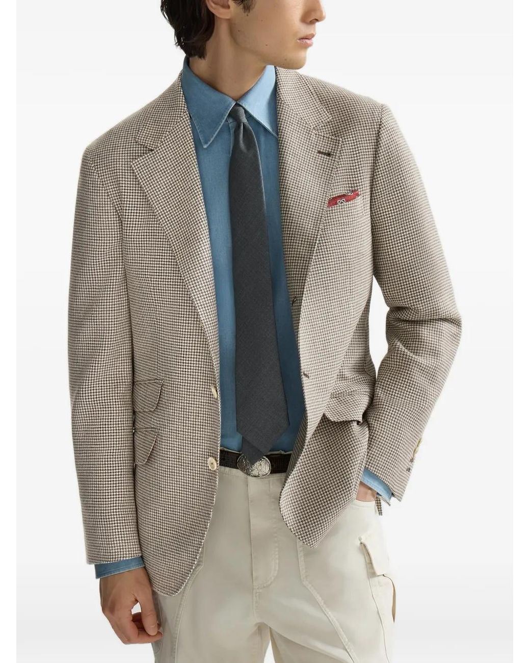 Brunello Cucinelli Natural Wool, Alpaca And Silk Houndstooth Deconstructed Cavallo Blazer for men
