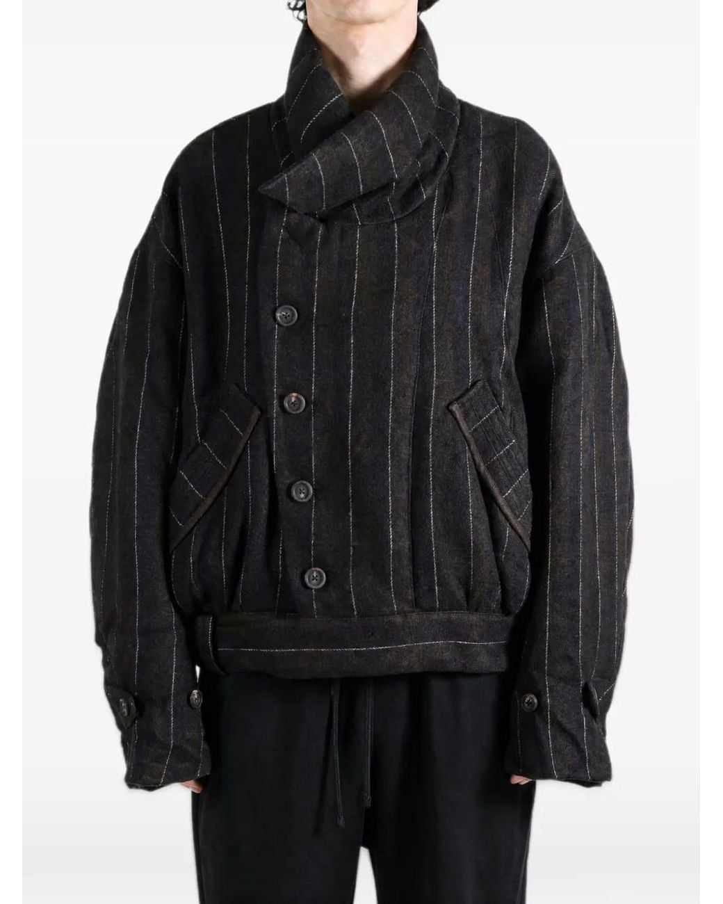 Ziggy Chen Black Pinstripe-Pattern High-Neck Jacket for men