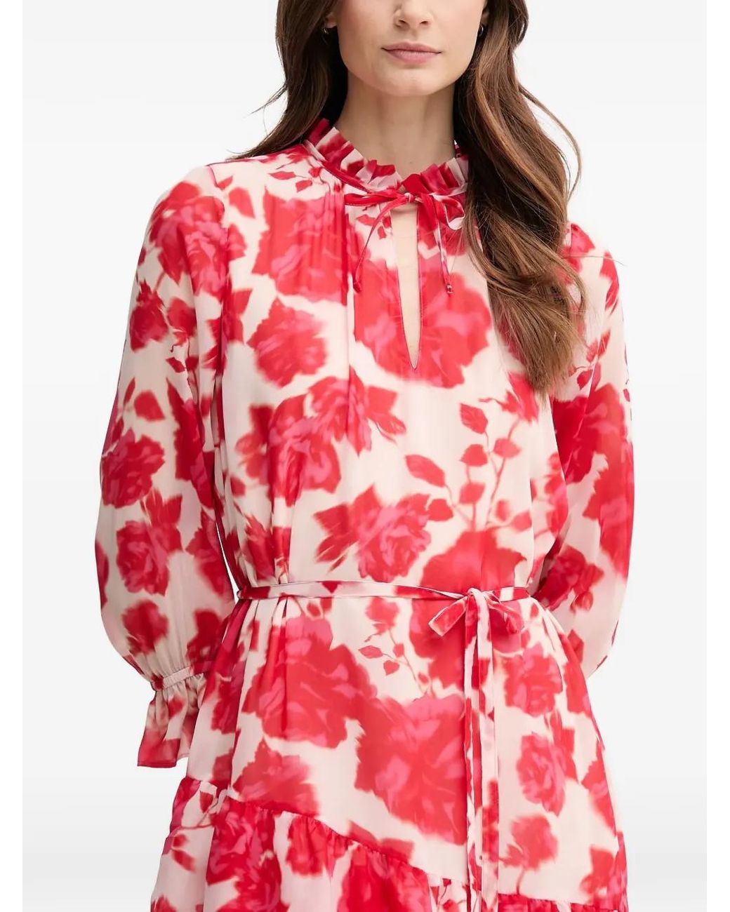 MARC AUREL Red Ruffled Floral-Print Midi Dress