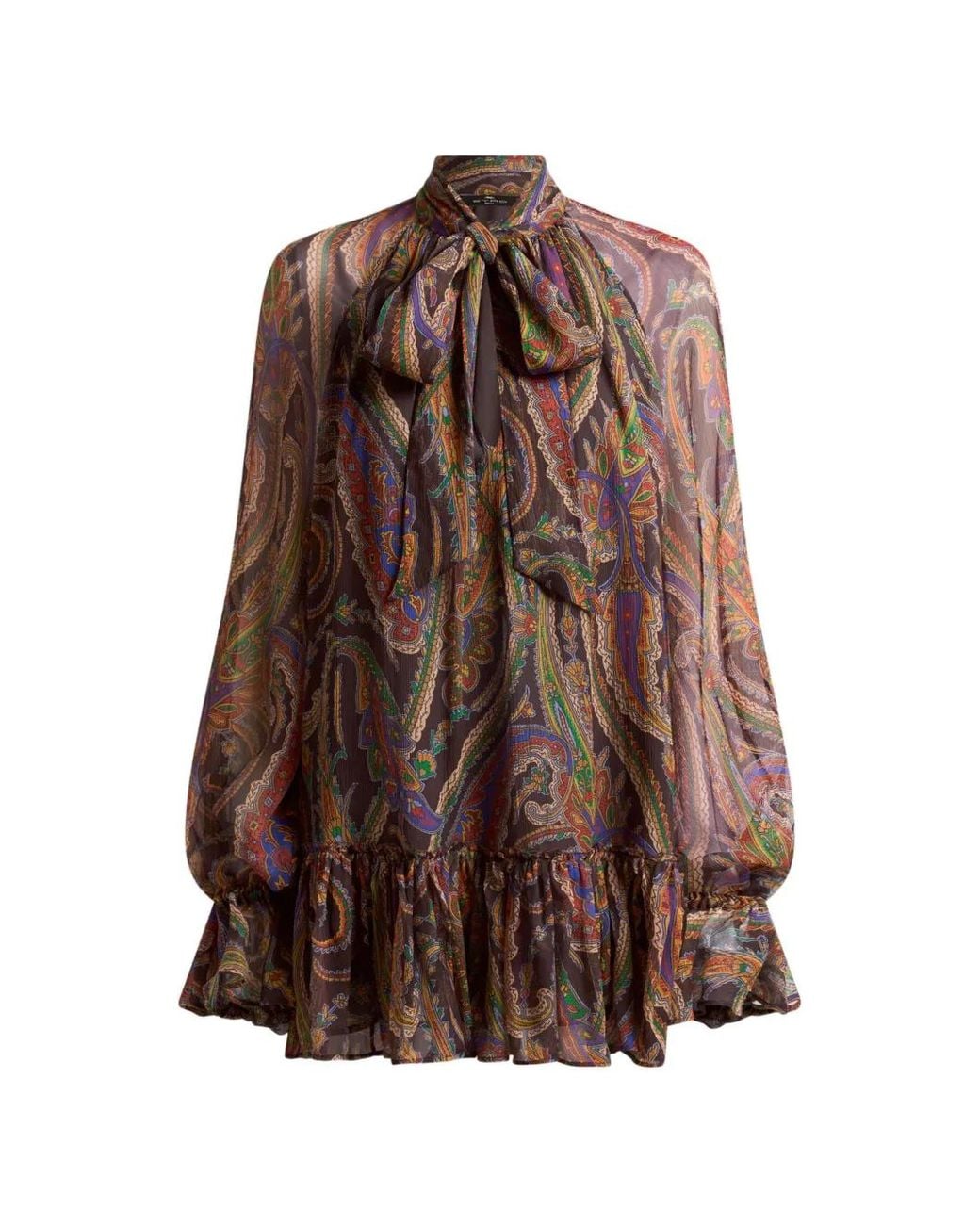 Etro Brown Silk Mini Dress With Ruffles And Paisley Motif