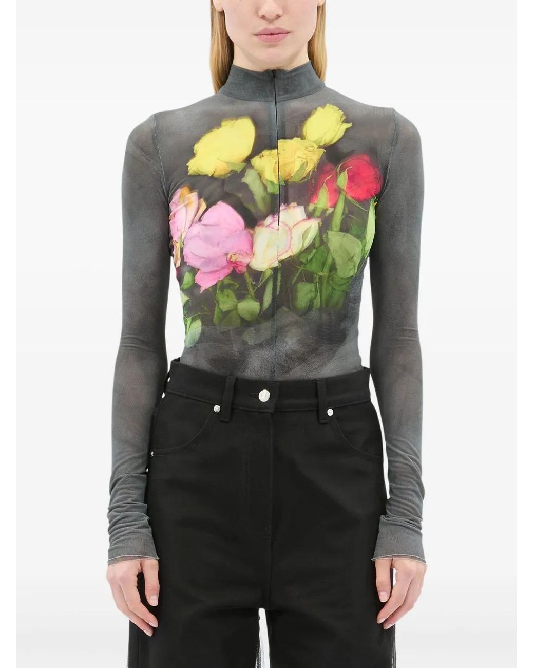 MSGM Gray Floral-Print Zip Bodysuit
