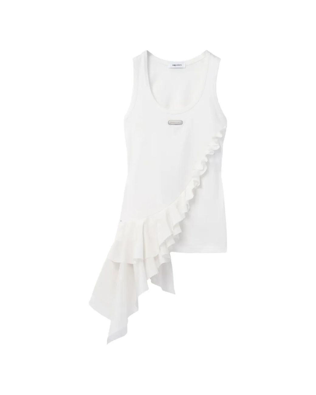 McQueen White Asymmetric Ruffle Tank Top