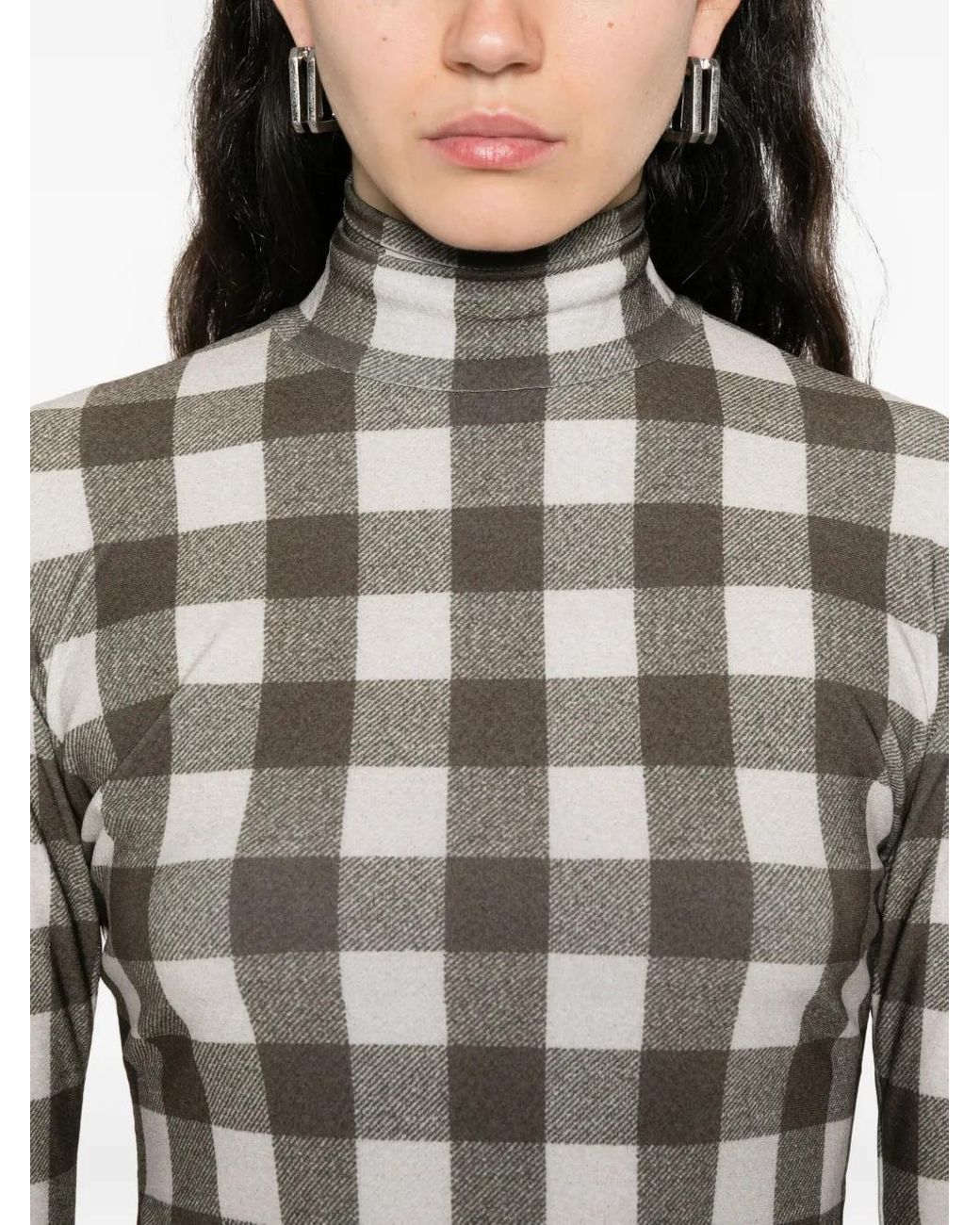 Norma Kamali Gray Checked Turtleneck Top