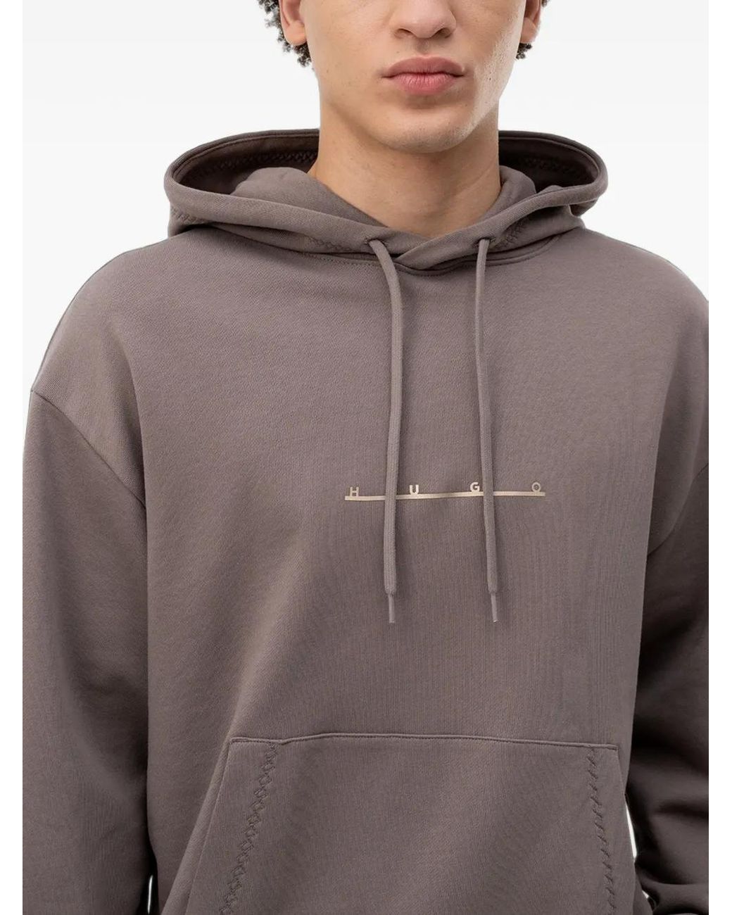 HUGO Gray Logo-Print Hoodie for men