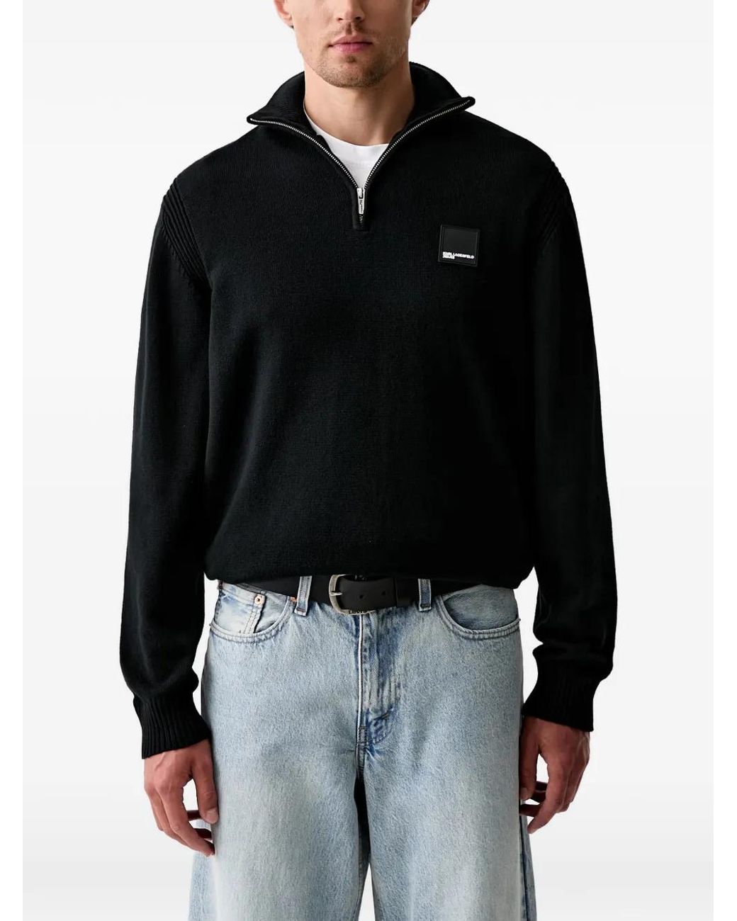 Karl Lagerfeld Black Quarter-Zip Logo-Patch Sweater for men