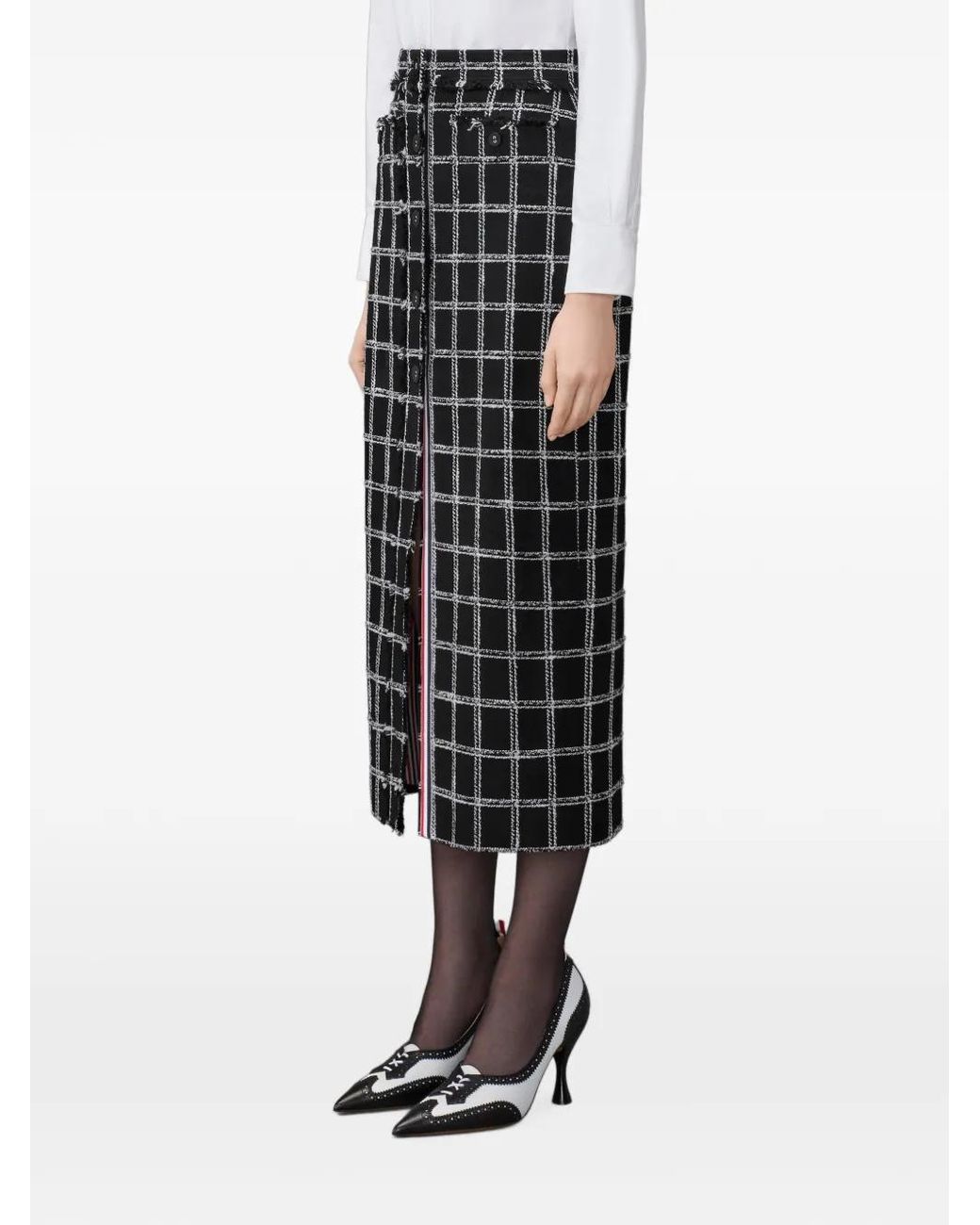 Thom Browne Black Windowpane Houndstooth Tweed Skirt With Frayed-Edge