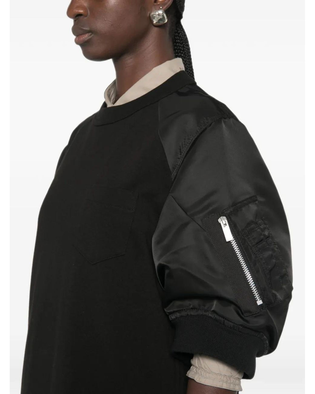 Sacai Black Robe Mi-Longue À Manches Satinées Et Poches