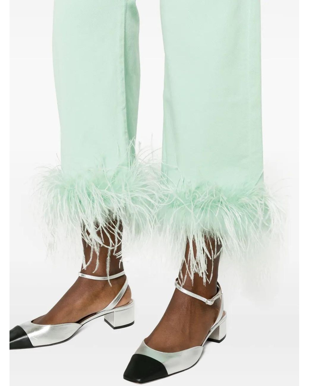 P.A.R.O.S.H. Green Feather-Trim Stretch-Cotton Jeans