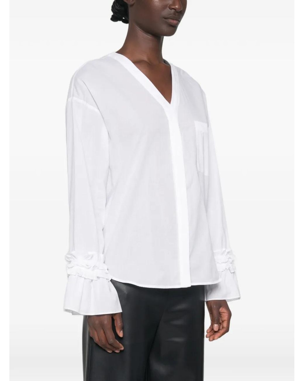 Max Mara White Ruffled-Cuff V-Neck Shirt