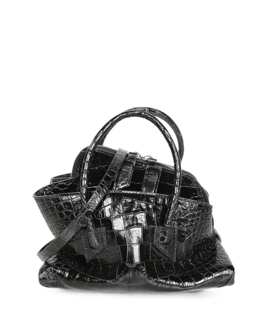 The Attico Black Mini La Passeggiata Croc-Effect Handbag