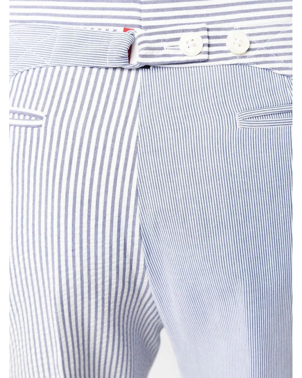 Thom Browne Blue Cropped Seersucker Trousers for men