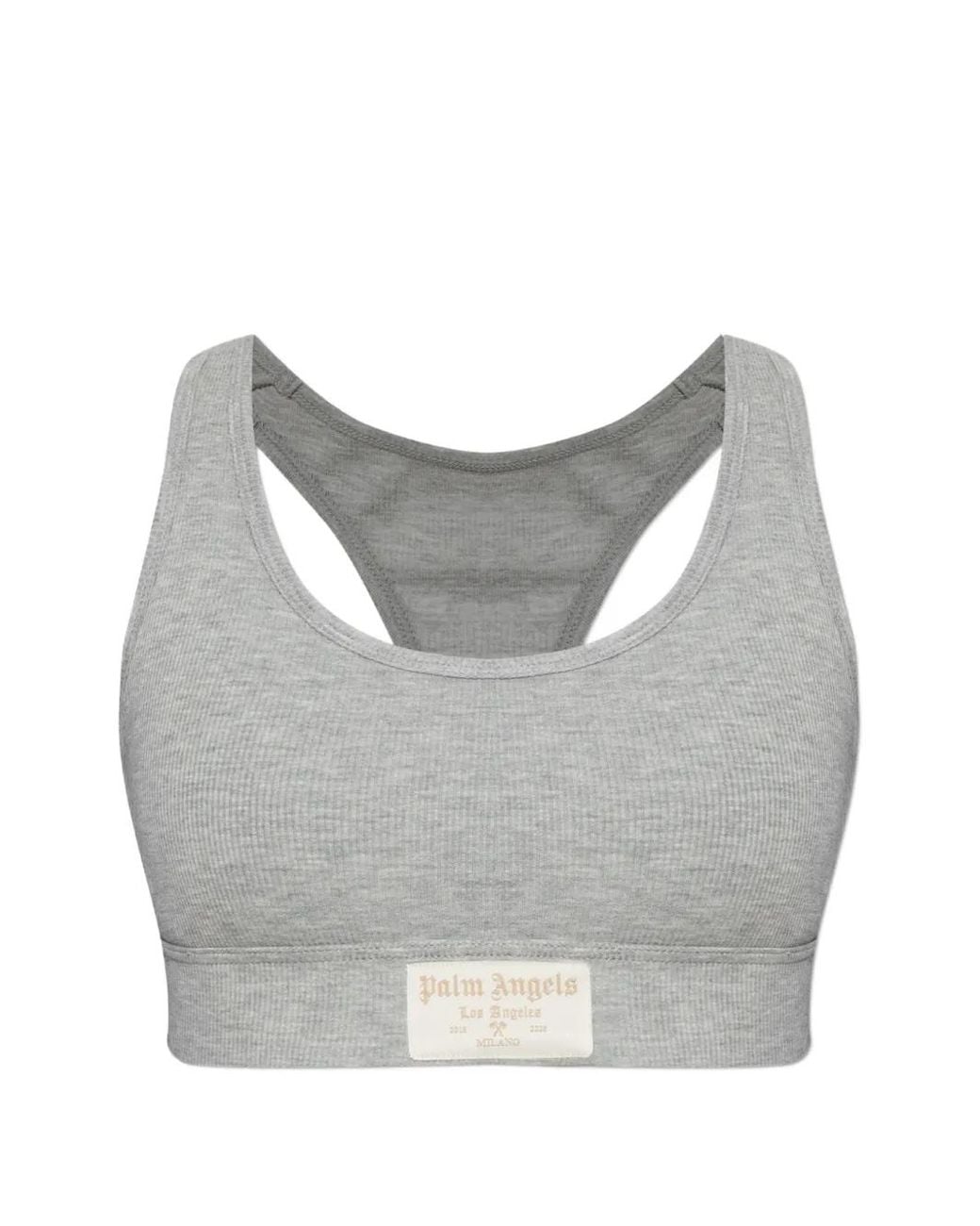 Palm Angels Gray Ribbed Logo-Patch Bra