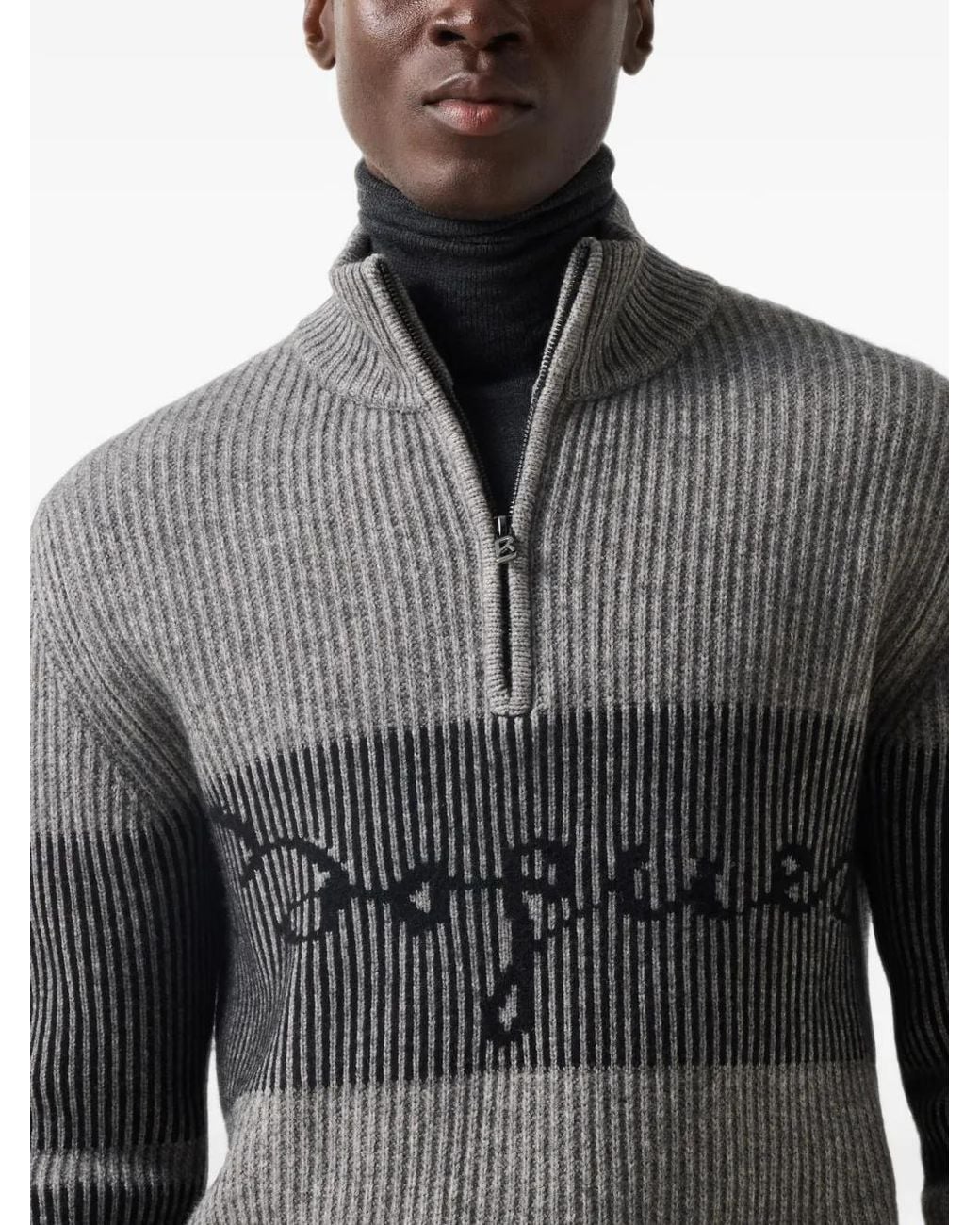 Bogner Gray Yak Troyer Loris Logo-Jacquard Ribbed-Knit Sweater for men