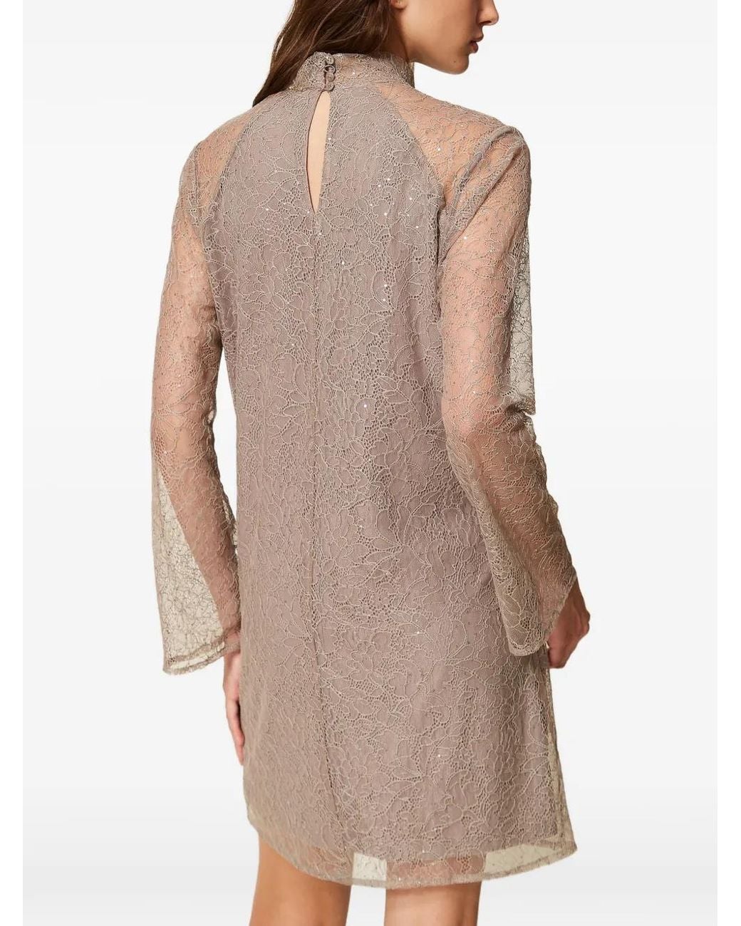 Twinset Natural Short Lace Dress With Sequins
