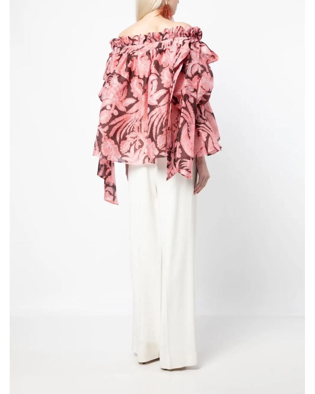 Biyan Pink Ruffled Floral-Print Silk Blouse