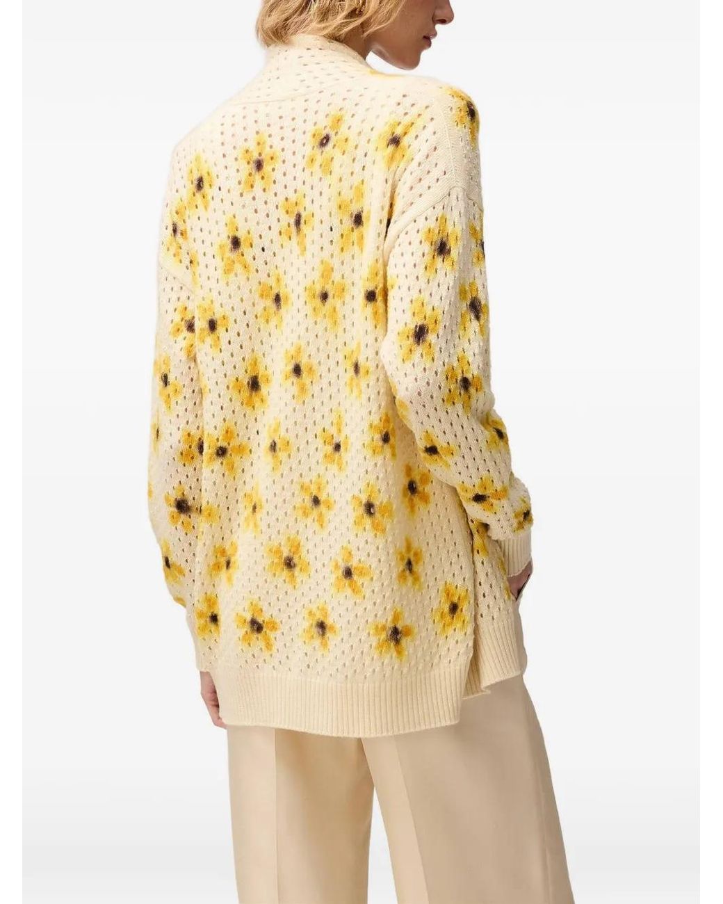 RETORI Natural Floral-Print Open-Knit Cashmere Cardigan