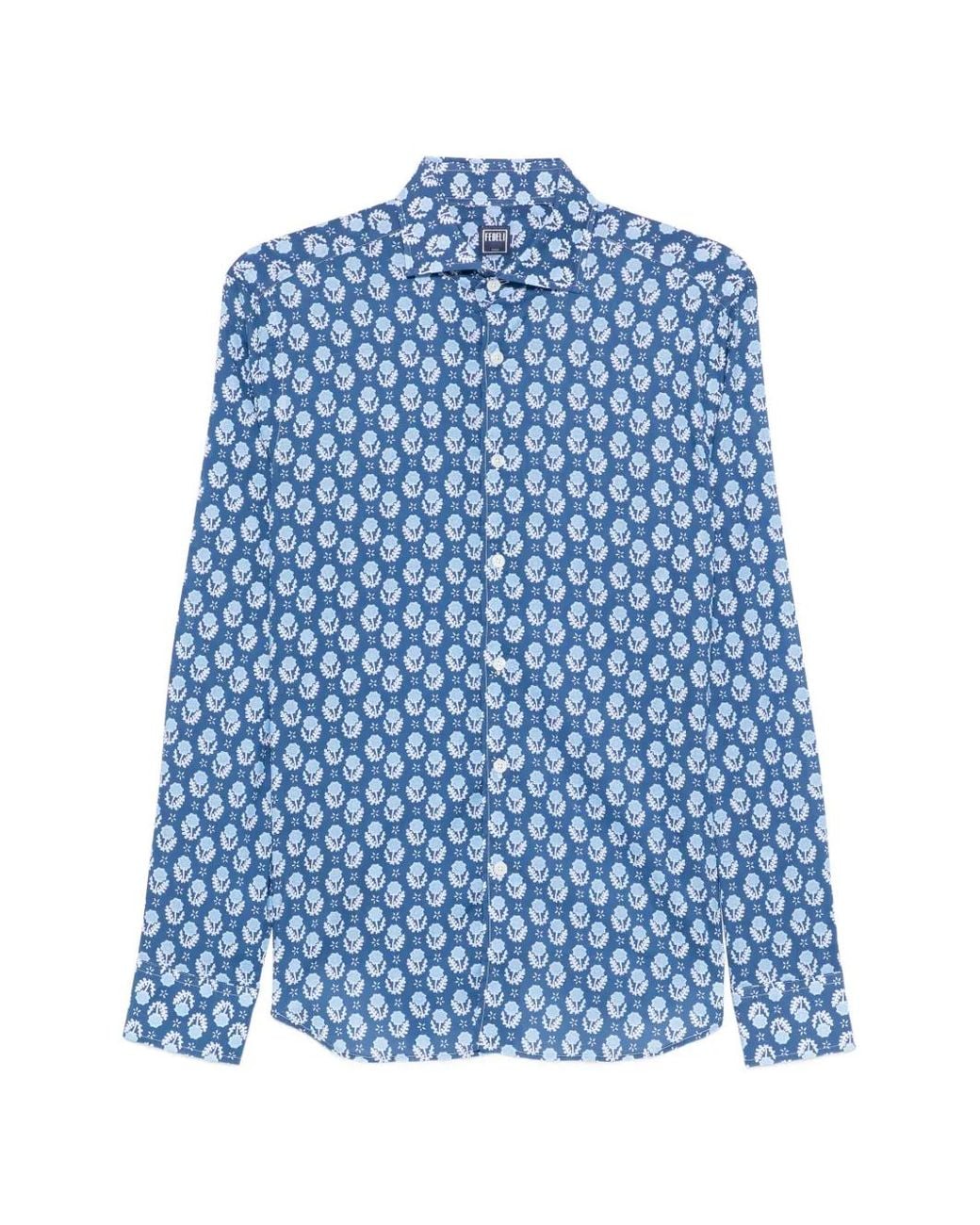 Fedeli Blue Floral-Print Shirt for men
