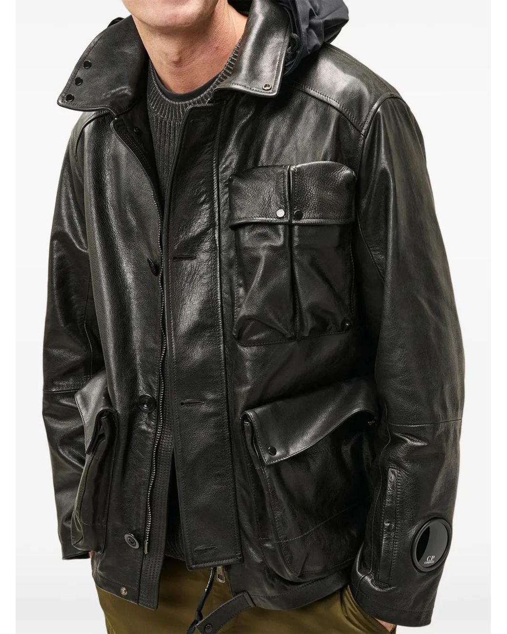 C P Company Black Goggle-Detail Leather Jacket for men