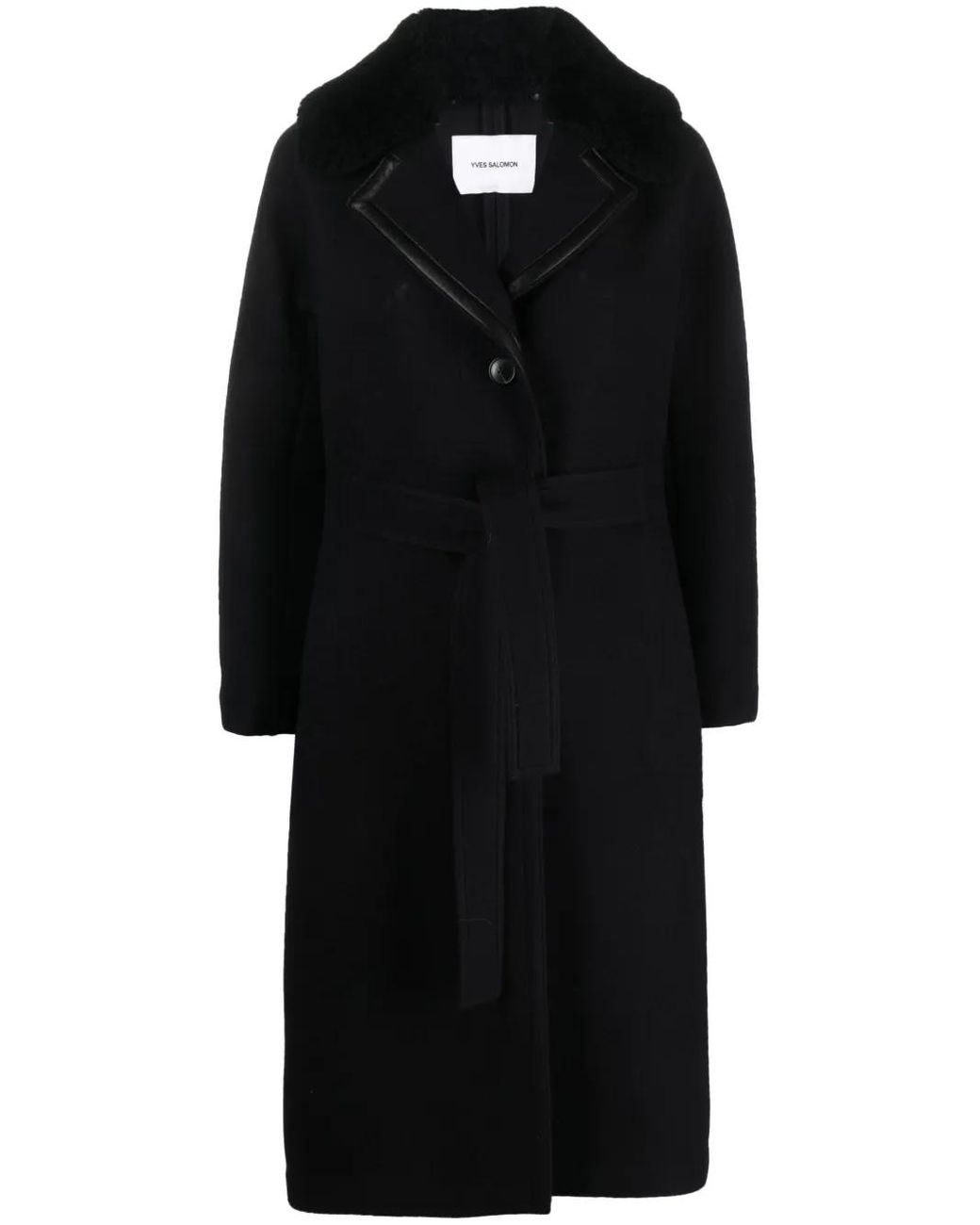 Yves Salomon Black Belted Felted-Wool Coat