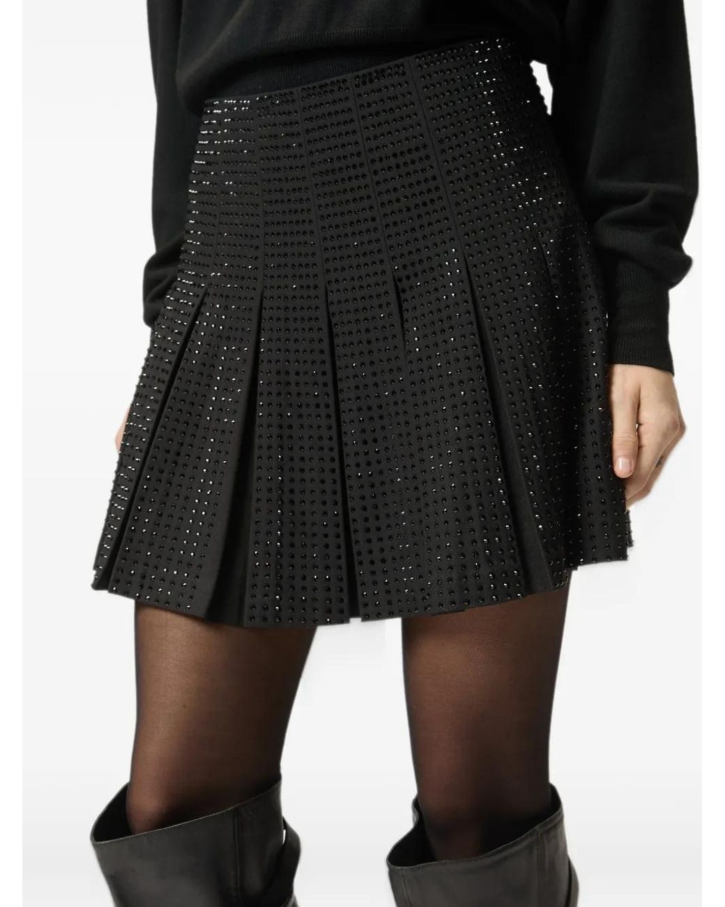 Pinko Black Flared Pleated Mini Skirt With Perforated Texture