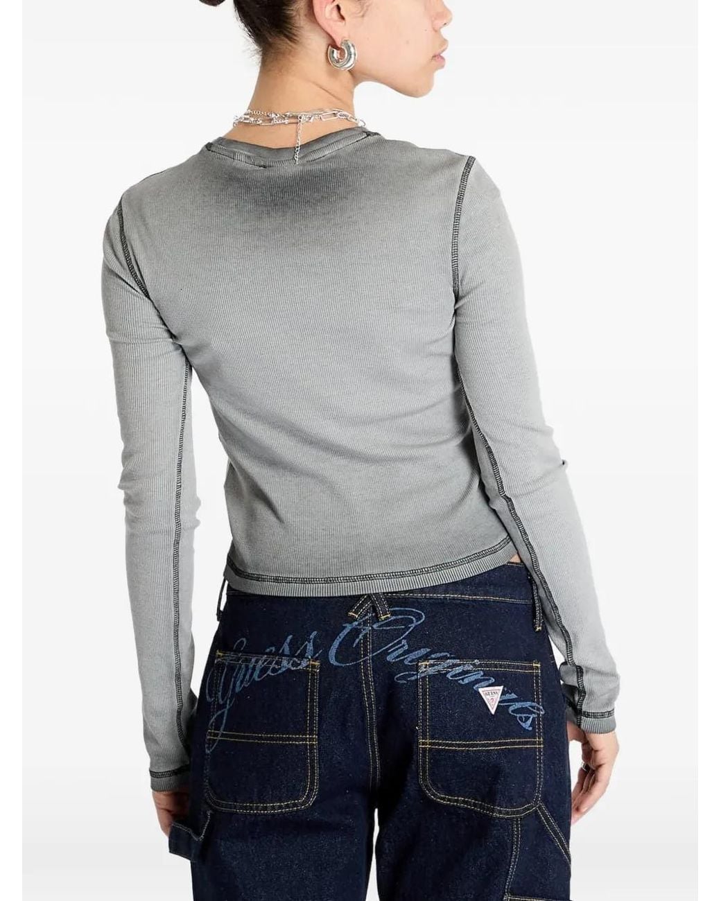 Guess Gray Rhinestone-Embellished Long-Sleeve Top