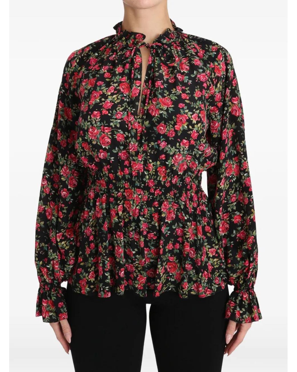 Dolce & Gabbana Black Floral-Print Ruffled Blouse