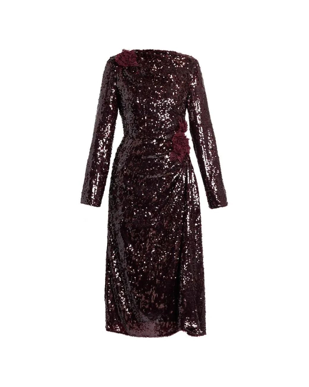 Erdem Red Sequin-Embellished Floral-Detail Midi Dress