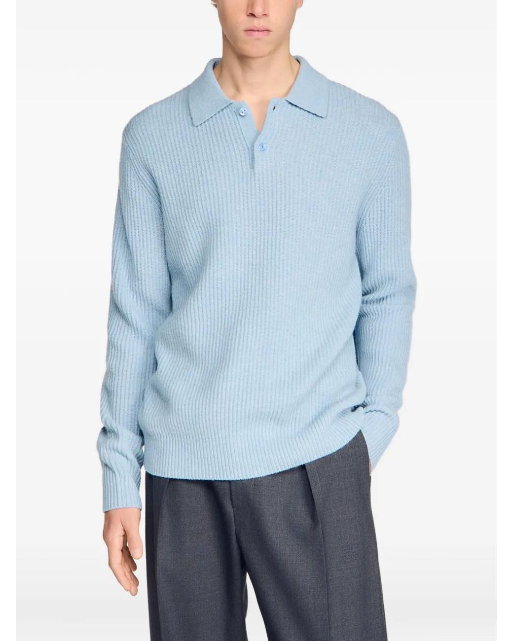 Sandro Blue Ribbed Wool Polo Shirt for men