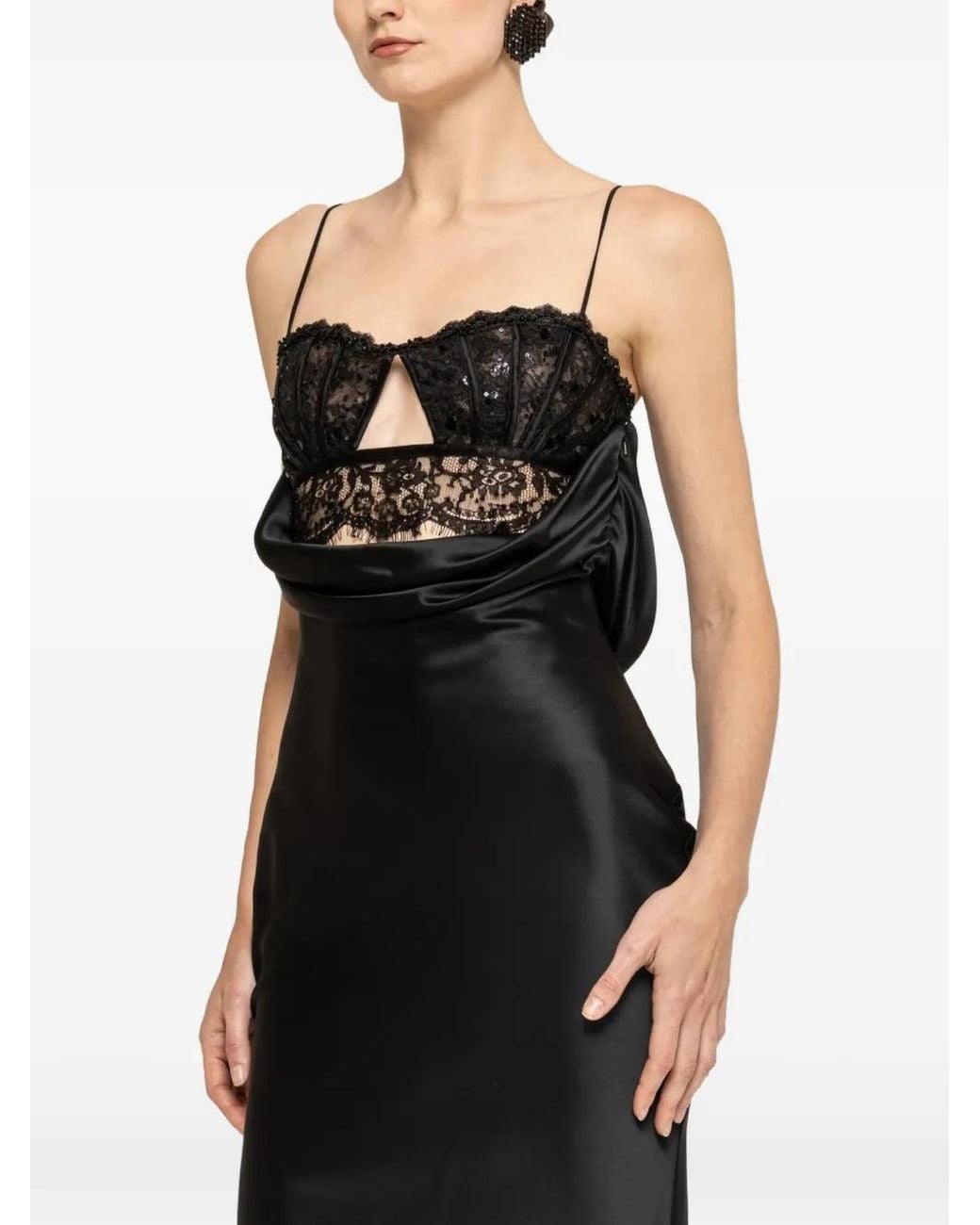 Nissa Black Lace-Panel Satin Maxi Dress
