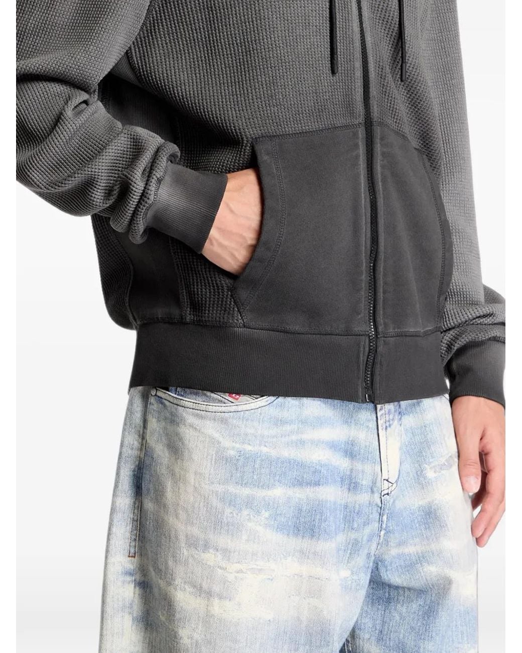 DIESEL Gray Waffle Zip-Up Hoodie With Dégradé Effect for men