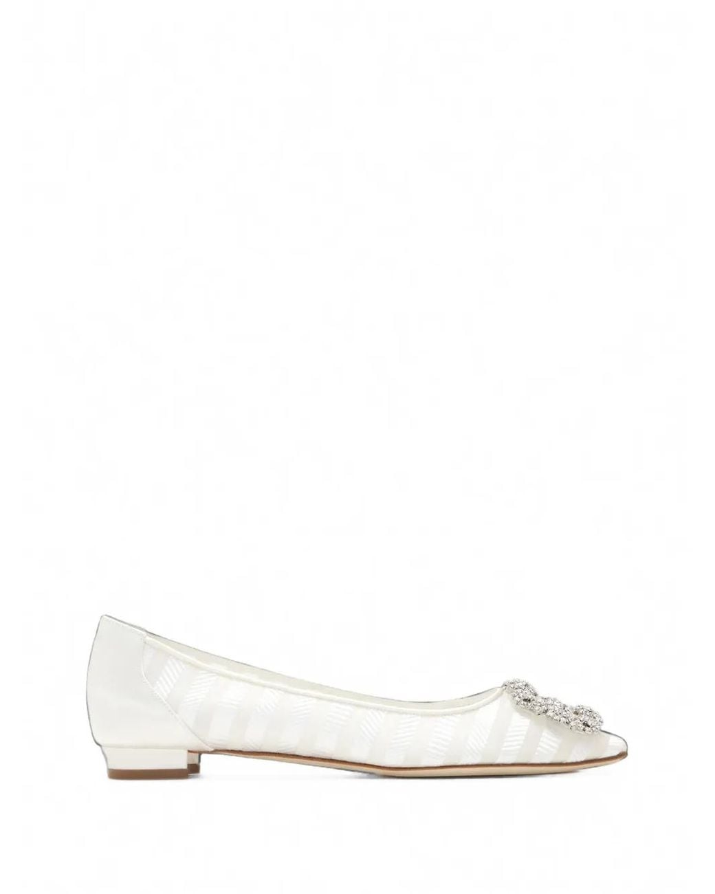 Manolo Blahnik White Hangisi Crystal-Buckle Striped Ballet Flats