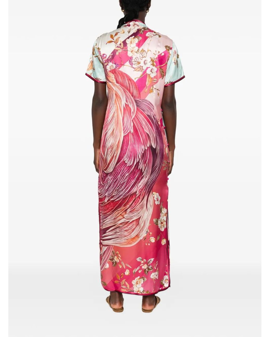 F.R.S For Restless Sleepers Pink Swan-Print Satin Maxi Dress